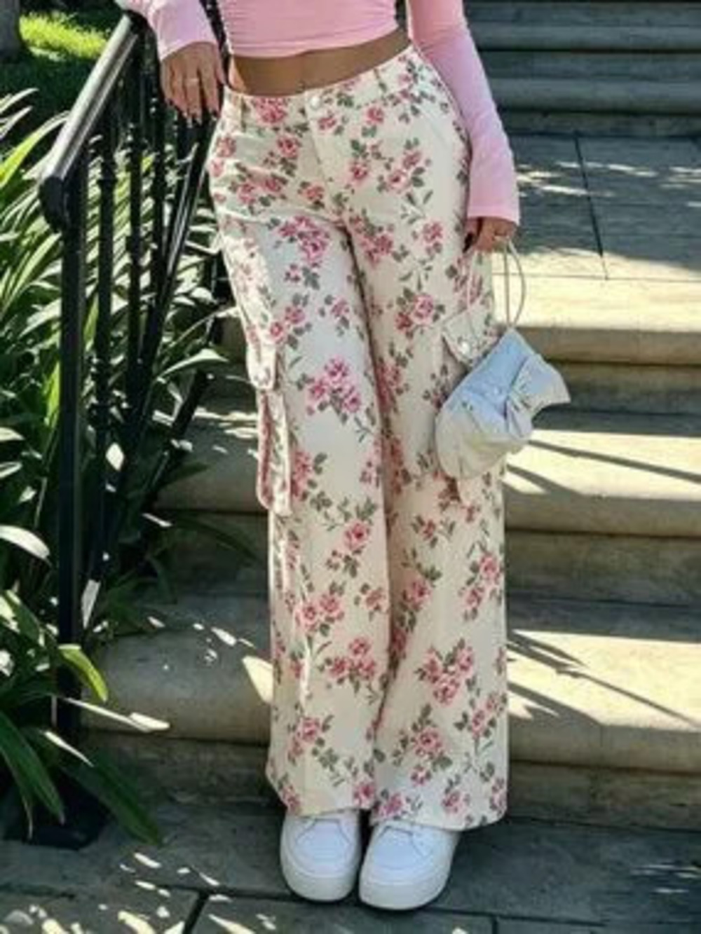 ZARA Rose Print Casual Women's Rose Floral Wide Leg Cargo Pants